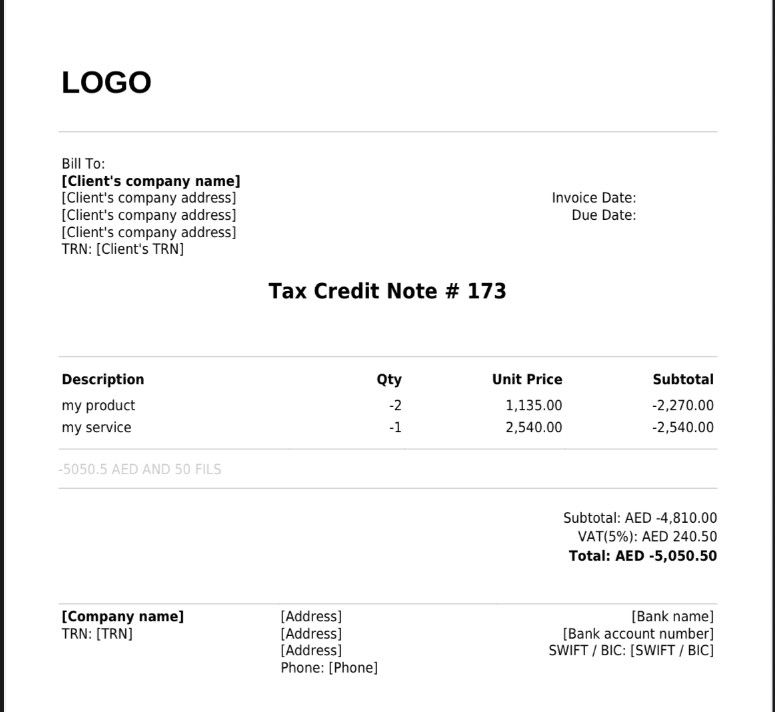 UAE Tax Credit Note