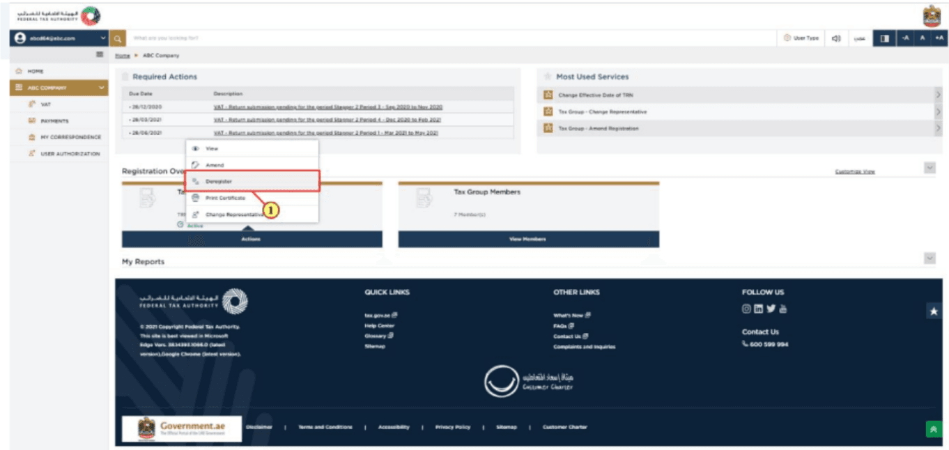 Select ‘Deregister’ to initiate the Tax Group Deregistration application.