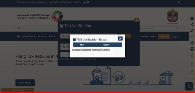 TRN verification result showing business legal name