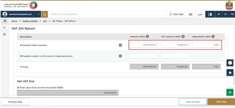  Enter standard-rated expenses in Box 9, including amounts, VAT, and any adjustments.