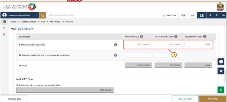 Box 9 for entering amount, VAT, and adjustments related to standard-rated expenses for the period.