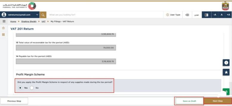 Profit Margin Scheme, based on what applies to your business. Click Save as Draft, then proceed by clicking Next Step.