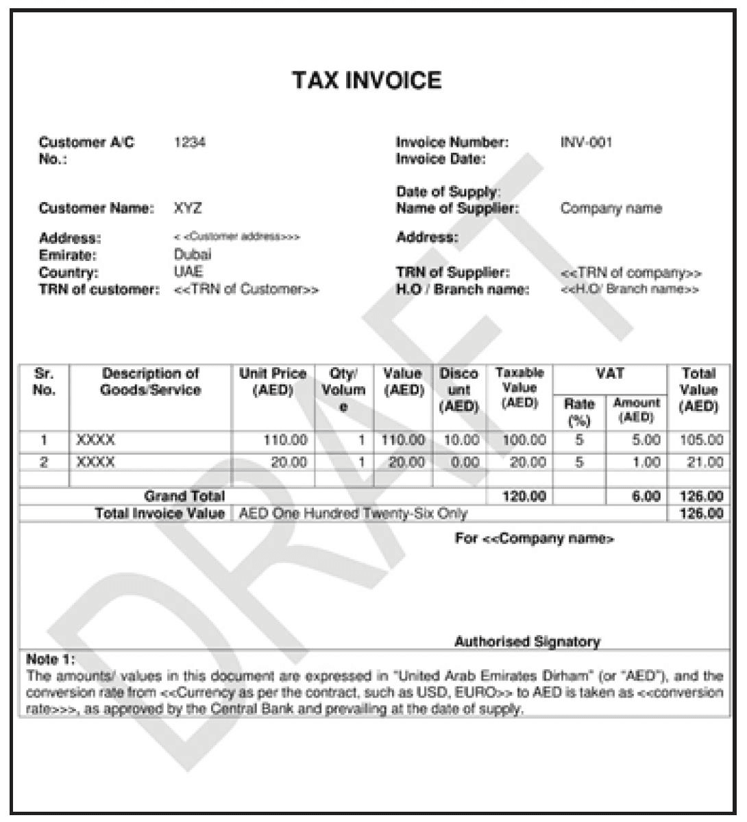 Format of VAT invoice in UAE. 