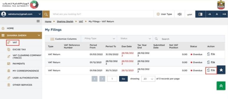 View All under My Filings, then click on File for the relevant return period.