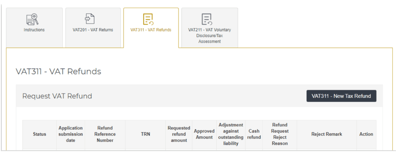 Use VAT 311 to apply for a refund if input VAT exceeds output VAT. FTA responds in 20 business days